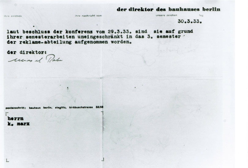 Karl (Carl) Marx Aufnahmebestätigung in das 3. Semester am BAUHAUS